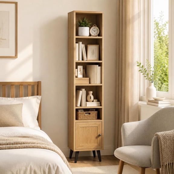 6-Tier Tall Narrow Bookcase, Slim Storage Cabinet, Pe Rattan, Adjustable Shelf, Natural