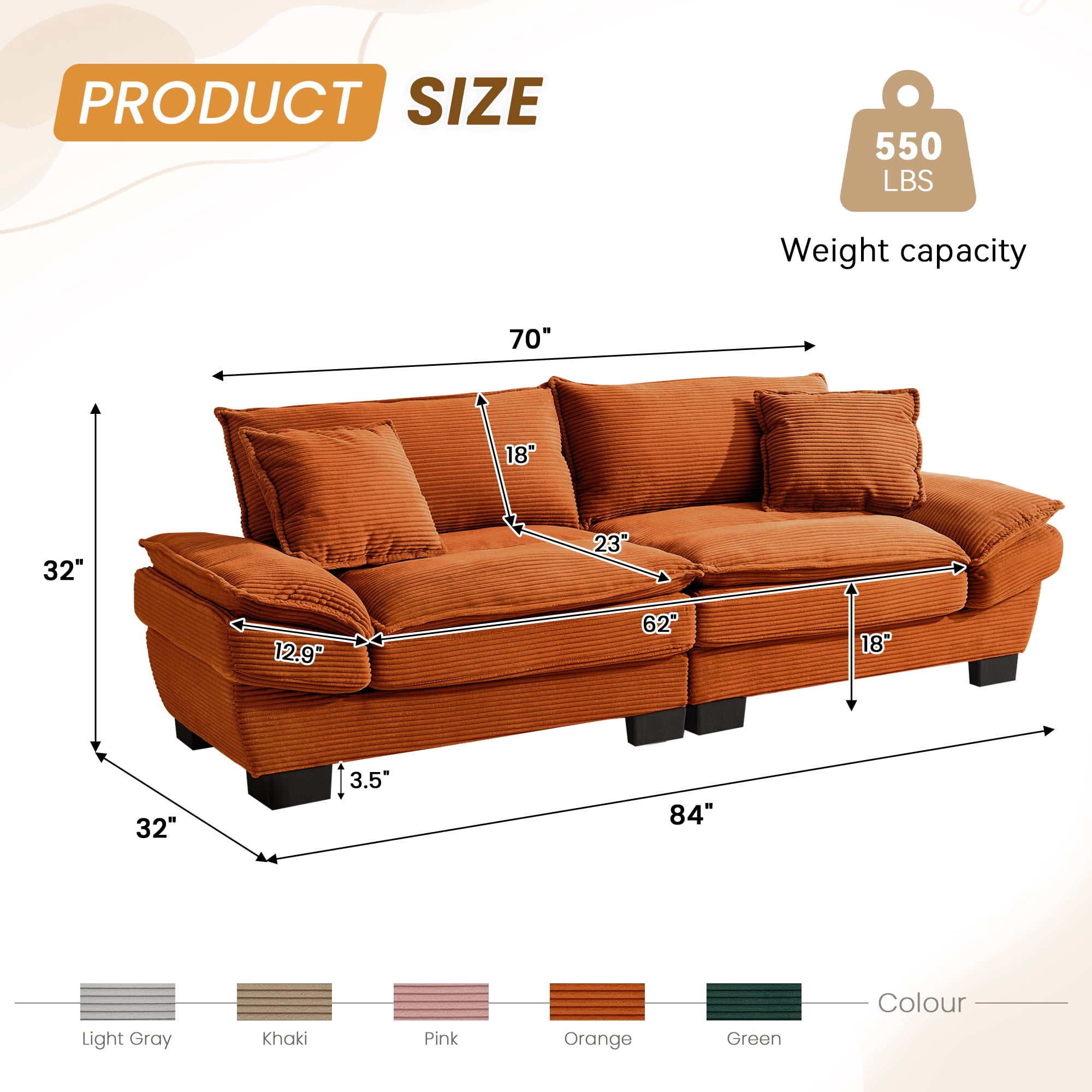 Dinosisco 84"L Deep Seat Sofa, Corduroy Upholstered Sleeper Couch for Living Room, Orange