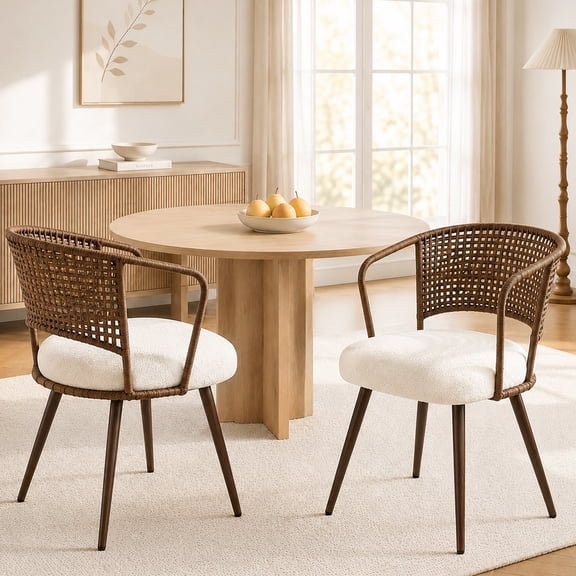 PAPROOS Dining Chairs Set of 2, Rattan Dining Room Chairs with Curved Back, Mid-Century Modern Kitchen Chairs with Fleece Upholstered Seats and Metal Legs, Easy Assembly, Beige Walnut