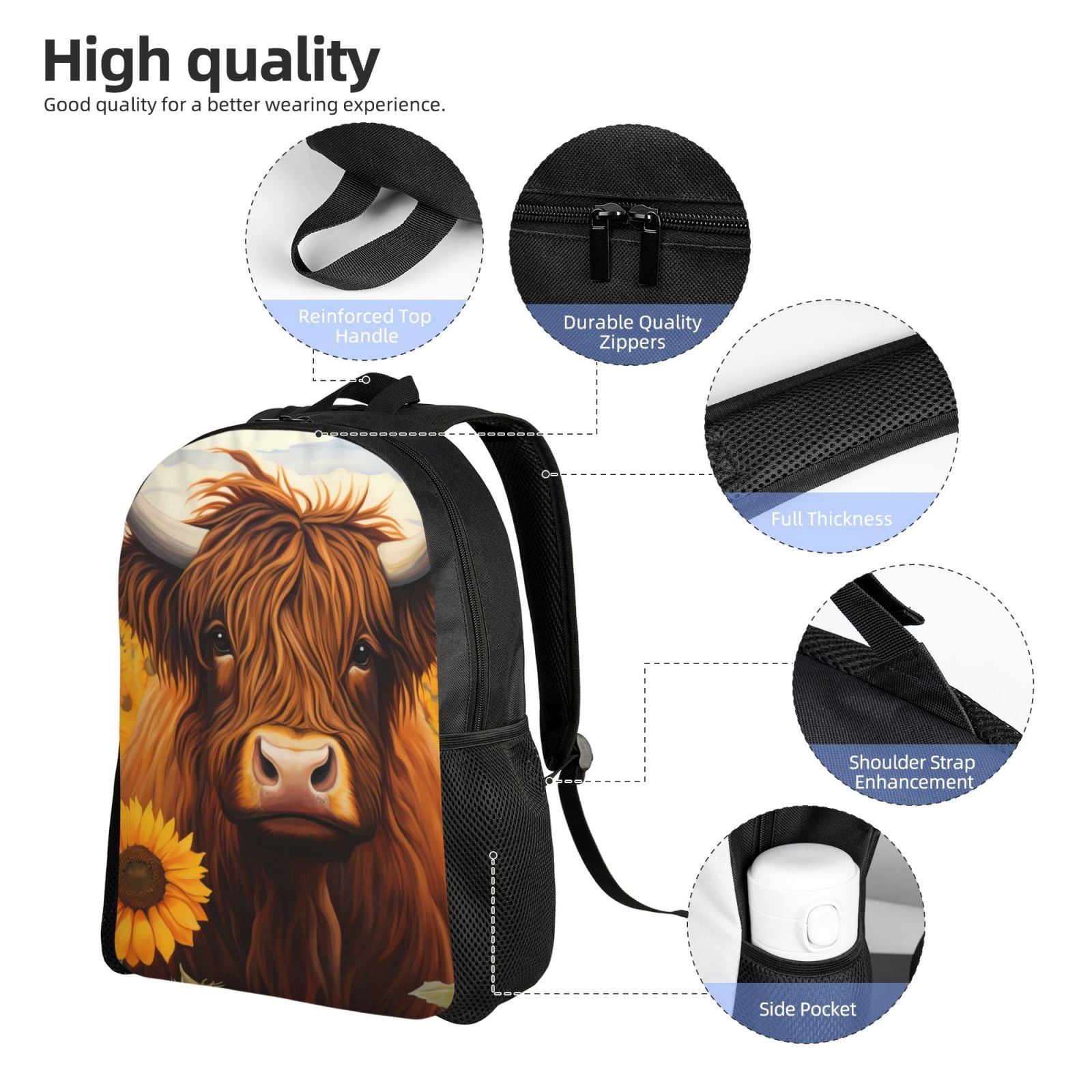 Xecao Countryside Sunflower Cow Print School Backpack with Laptop Compartment Small Travel Laptop Backpack for Women Men Waterproof College Backpack Simple School Bag