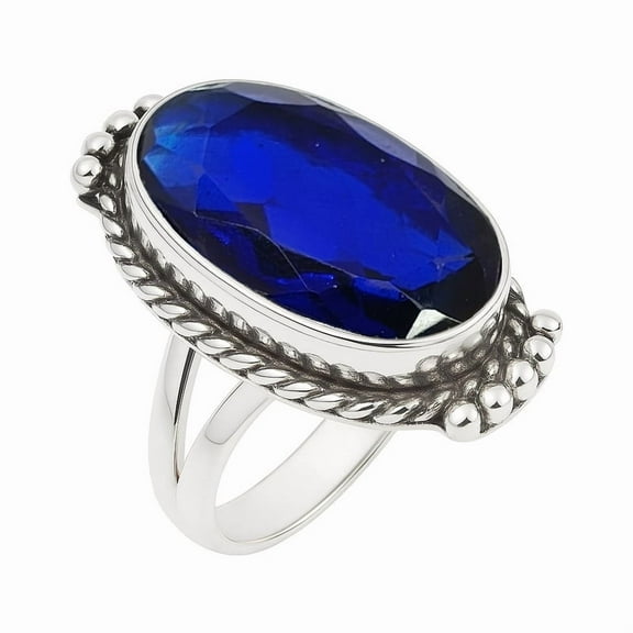 Blue Sapphire Gemstone Ring for Women 925 Sterling Silver Handmade Vintage Jewelry September Birthstone Ring Boho Statement Ring Size US 4