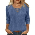 thumbnail image 2 of BiZtdJrK 3/4 Sleeve Tops for Women Ribbed Knit Fall Sweaters Dressy Crossover V Neck Pullover Blouse Going Out Tunic, Blue, S, 2 of 5
