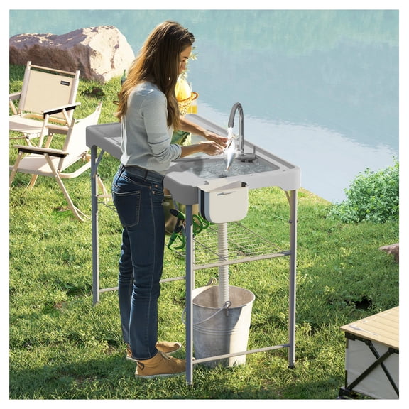 Folding Fish Cleaning Table with Sinks, Portable Camping Prep Table with Faucet, Outdoor Fillet Station for Beach, Patio, Gray