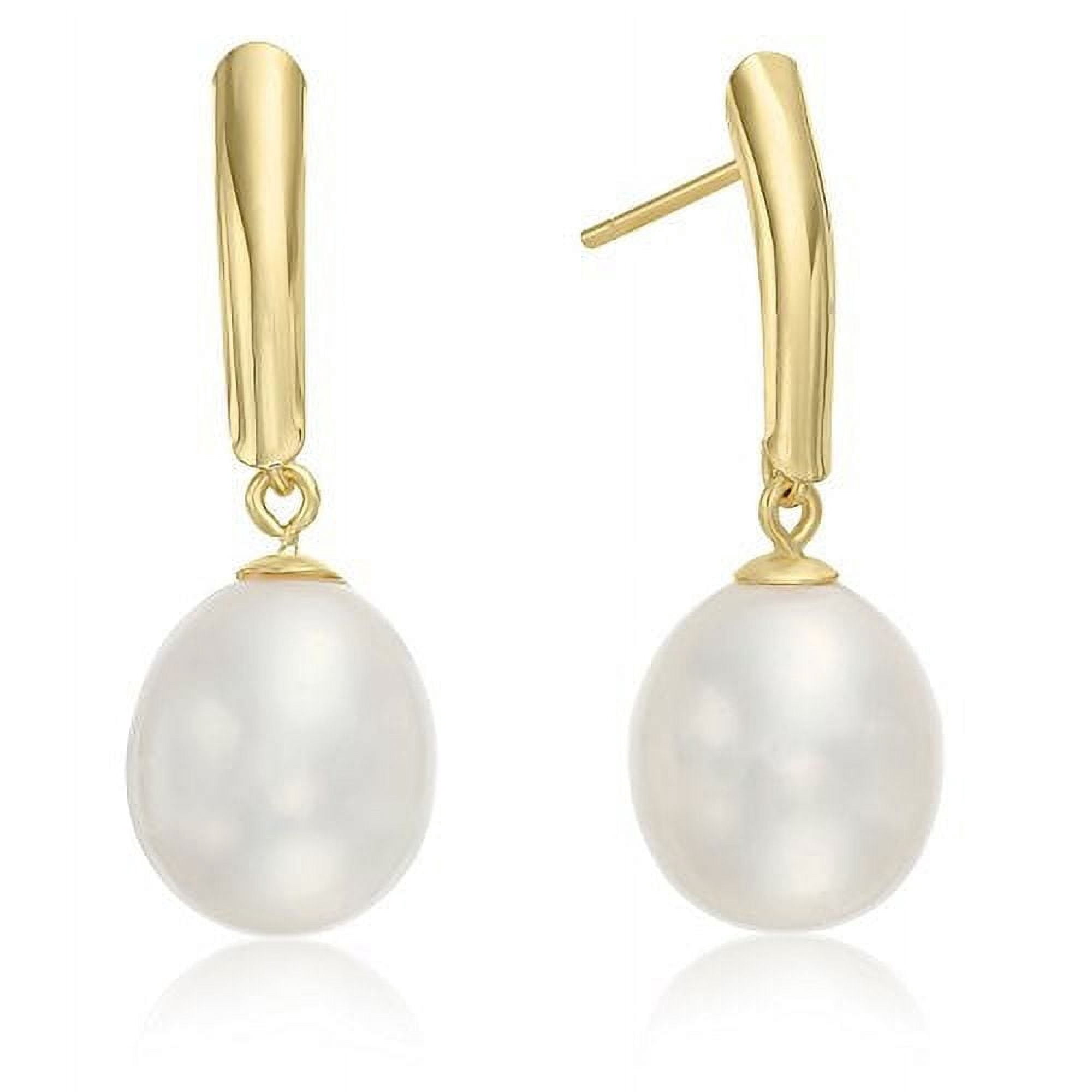Tilo Jewelry 14K Yellow Gold 8.5-9mm White Freshwater Pearl Drop Earrings with Secure Push-Backs | Handmade Fancy Earrings for Women & Unisex