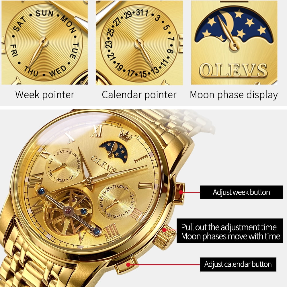 OLEVS Automatic Watches for Mens Skeleton Mechanical Self Winding Chronograph Calendar Classic Dress Moon Phase Multifunction Mens Wrist Watches Luminous Waterproof Stainless Steel Reloj Para Hombre