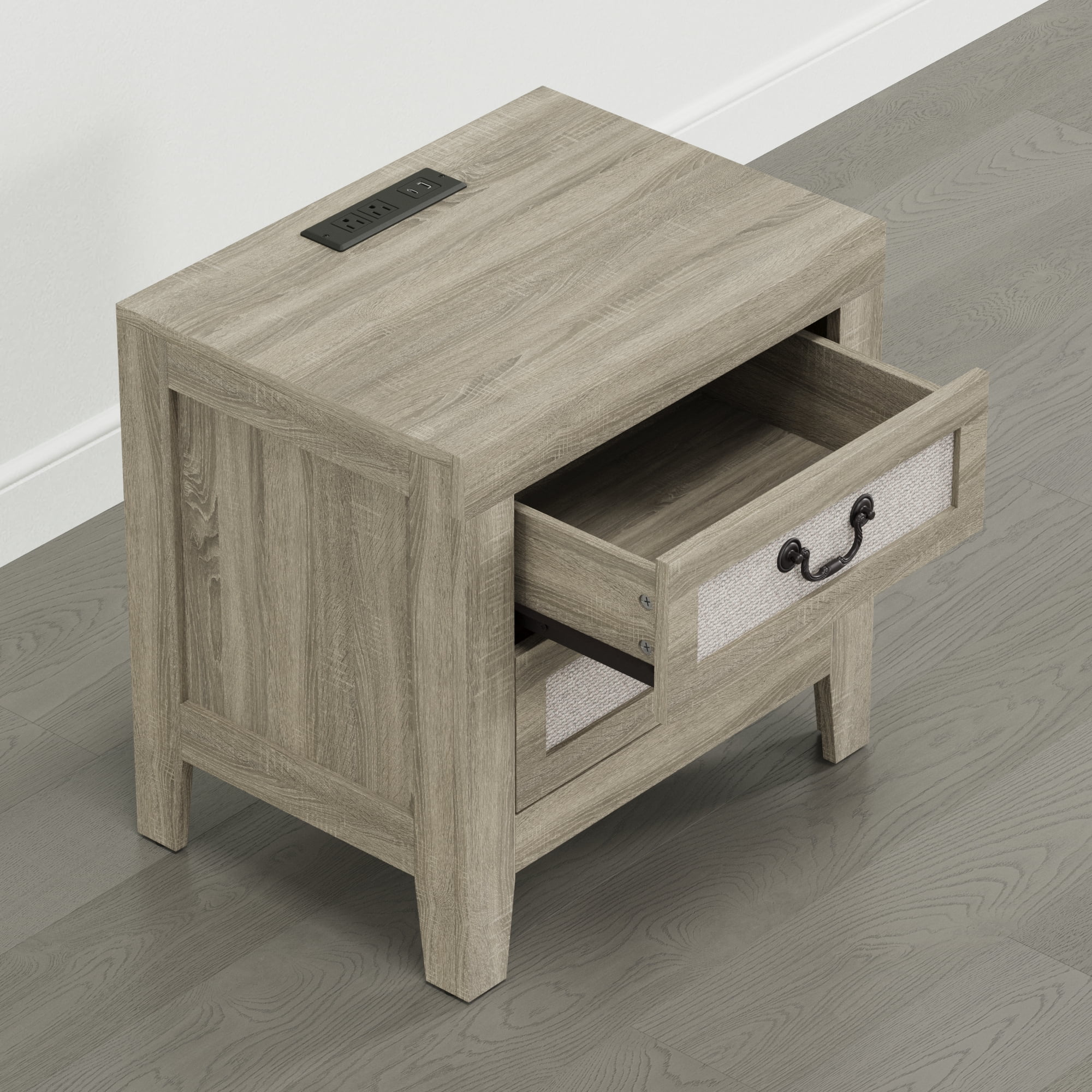 Spruce & Spring Modern Transitional Nightstands Set of 2, 2-Drawer End Tables with Charging Station, Fabric Drawer Front, Natural Wood Finish