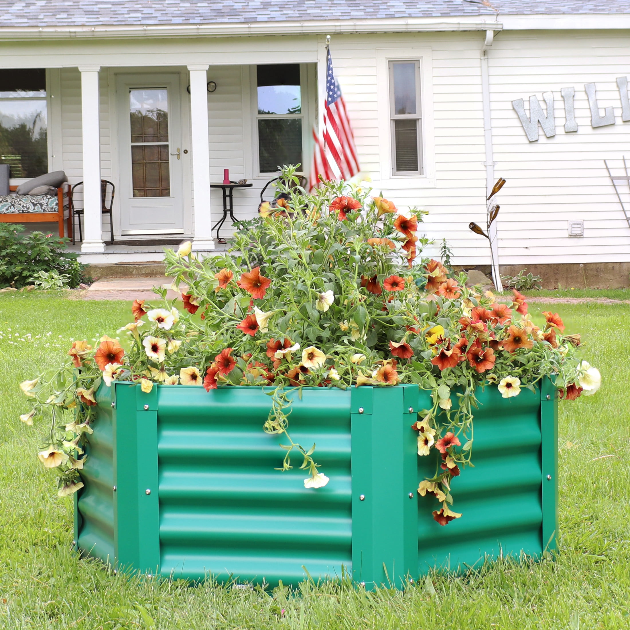 Sunnydaze 41" x 35.5" x 16.25" Hexagon Green Galvanized Steel Raised Garden Bed