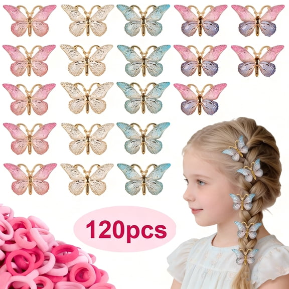 120 PCS Girls Hair Clip Set with Butterfly Clips and Elastic Hair Bands for Toddlers, Babies, Kids, and Teens