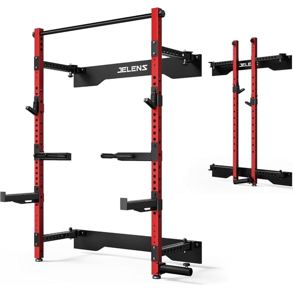 Folding Wall Mounted Squat Rack,1000 lbs Capacity Power Rack for Home Gym,Space-Saving Foldable Squat Rack with Pull-Up Bar & Landmine,Heavy-Duty 2.36" x 2.36" Steel Frame Power Cage