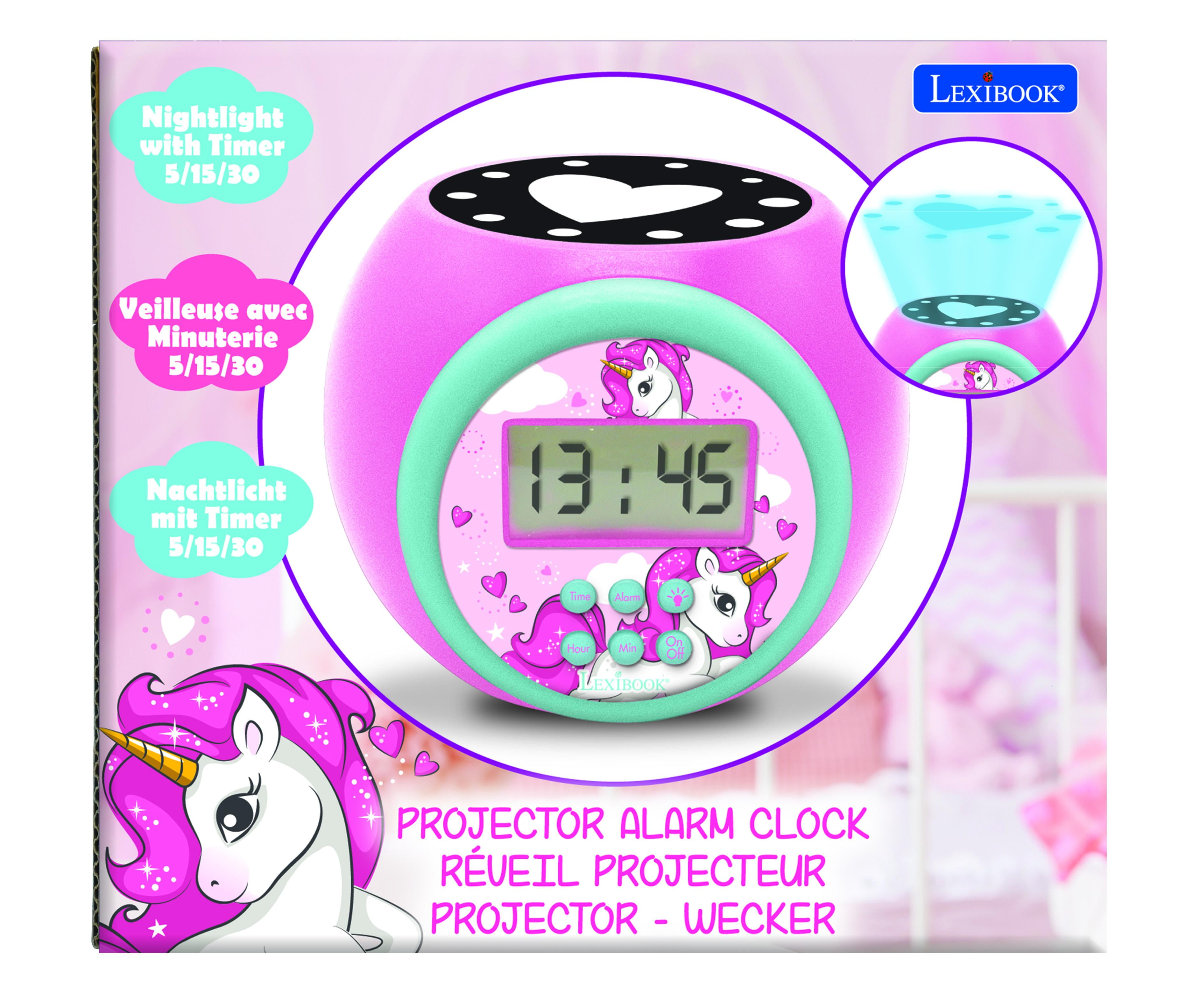 Lexibook Projector Alarm Clock Unicorn with Snooze Function and Alarm Function, Night Light with Timer , LCD Screen, Battery Operated, Pink