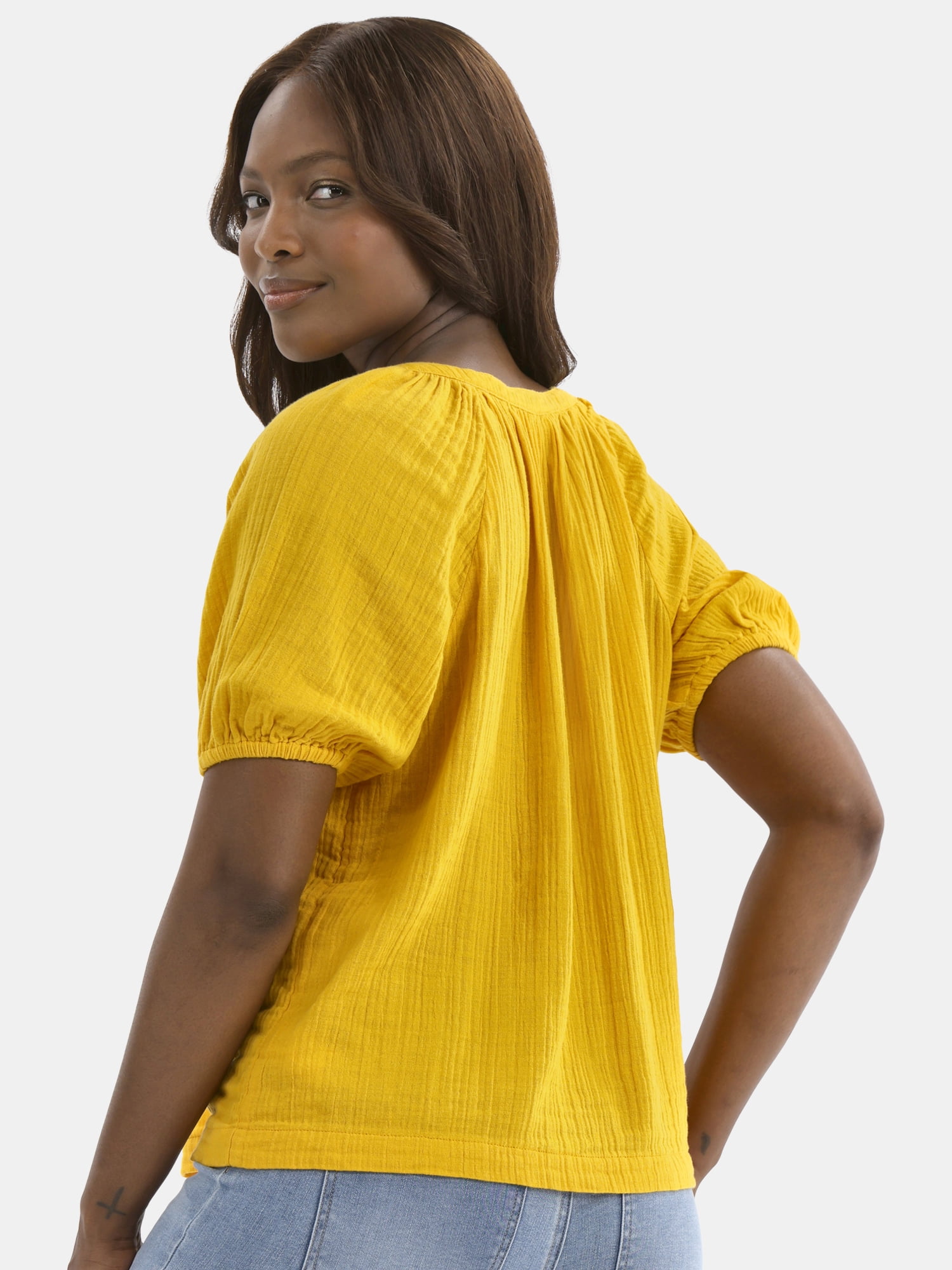 Time and Tru Women's Double Cloth Cotton Top with Short Sleeves, Sizes XS-XXXL