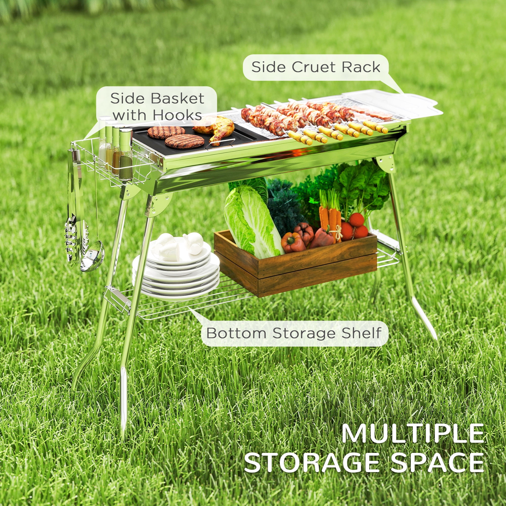 BBQ Grill Outsunny Charcoal Grill, Stainless Steel Portable Folding BBQ, Outdoor Hibachi for Backyard Cooking, Camping, Picnic, Party, Tailgating and Travel with Pan, Grill Rack, Shelves, and Hooks,