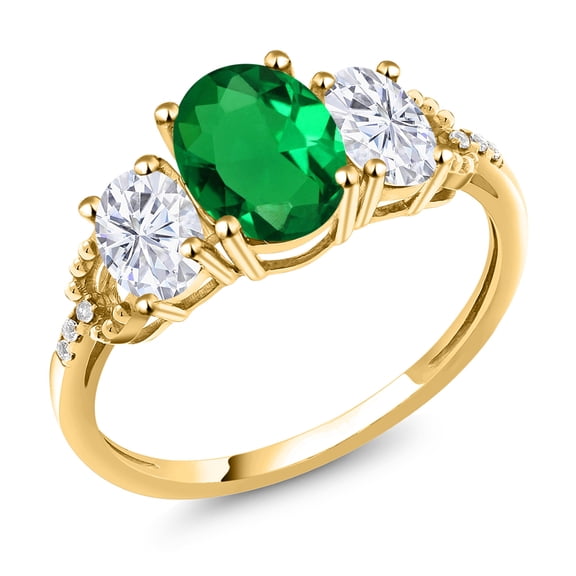Gem Stone King 10K Yellow Gold Green Simulated Emerald White Moissanite and Diamond Accent 3-Stone Ring for Women | 1.79 Cttw | Oval 8X6MM and 6X4MM | Wedding Engagement Anniversary Ring