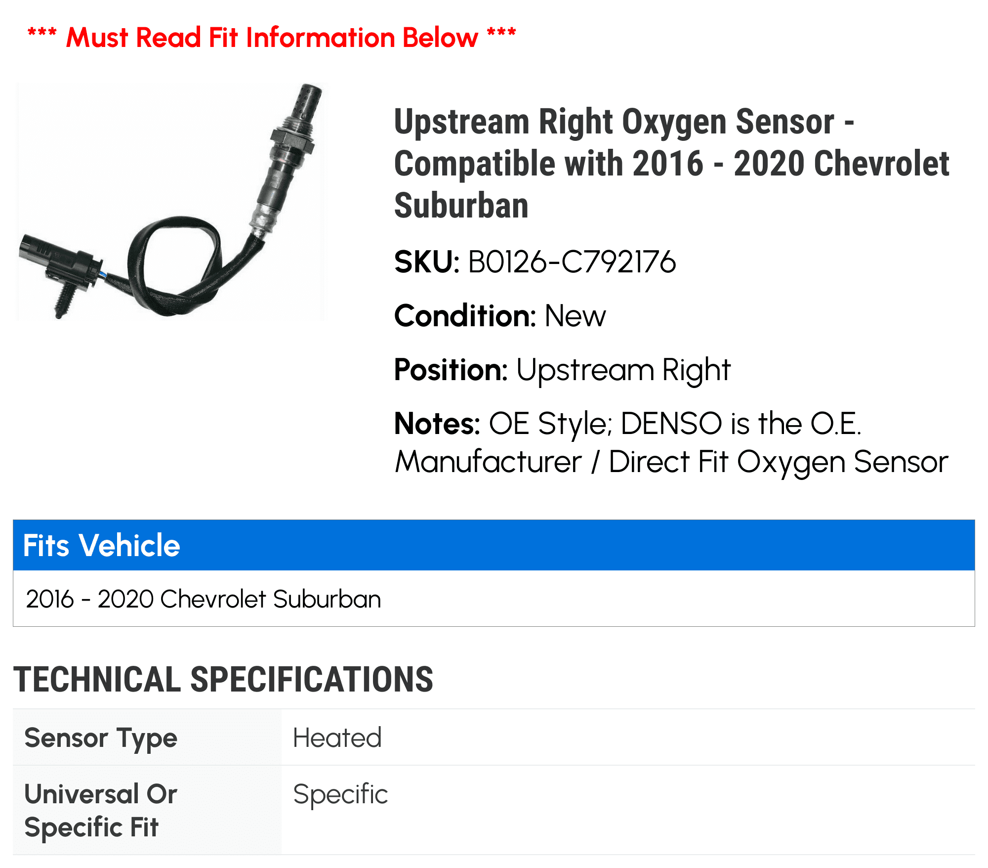 Upstream Right Oxygen Sensor - Compatible with 2016 - 2020 Chevy Suburban 2017 2018 2019