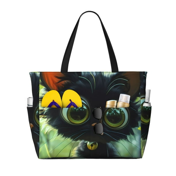 Fotbe Cute Big-Eyed Black Cat Bolsa de Viaje para Playa - Resistente al Agua, Bolsa Tote de Gran Capacidad y Ligera con 7 Bolsillos para Mujeres y Hombres