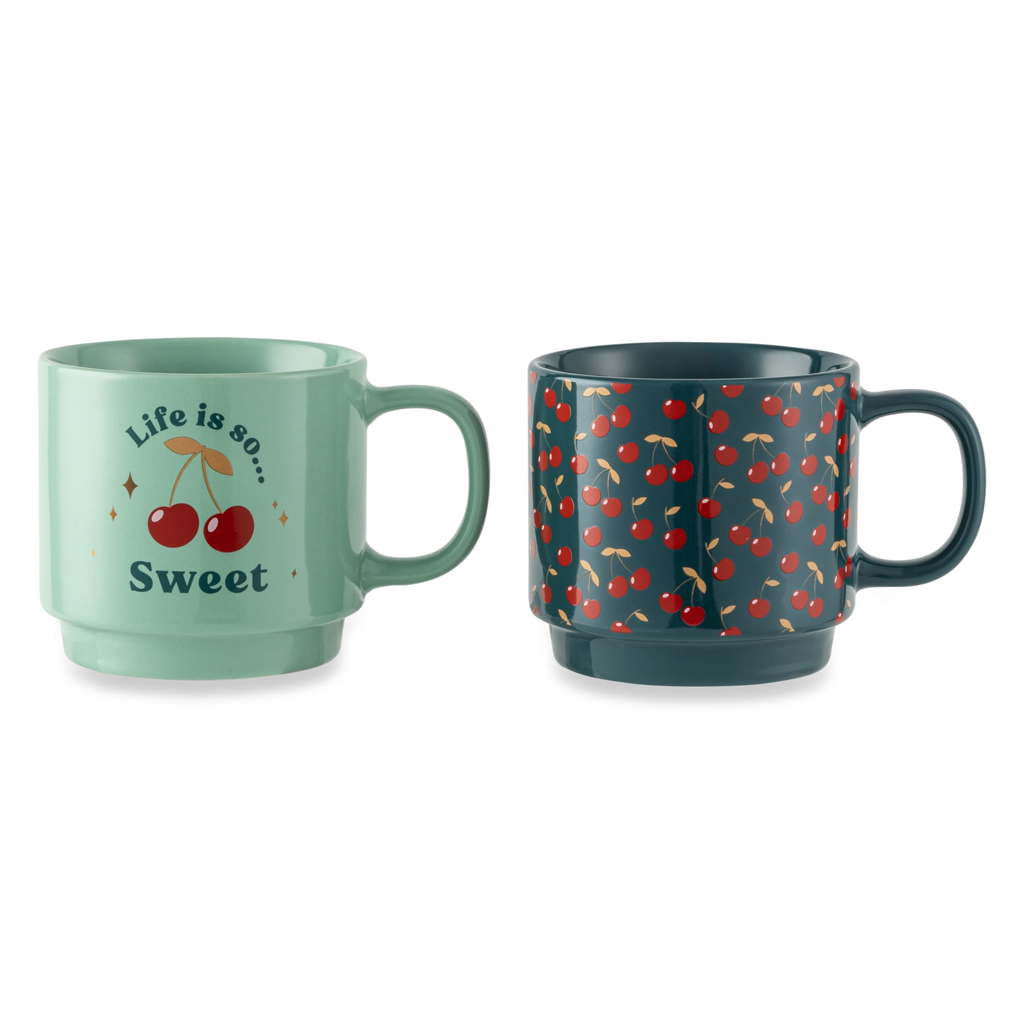 Thyme & Table 2 Pack Stacking Life is Sweet and Cherries Green Mugs 14.2 fl oz, Stoneware