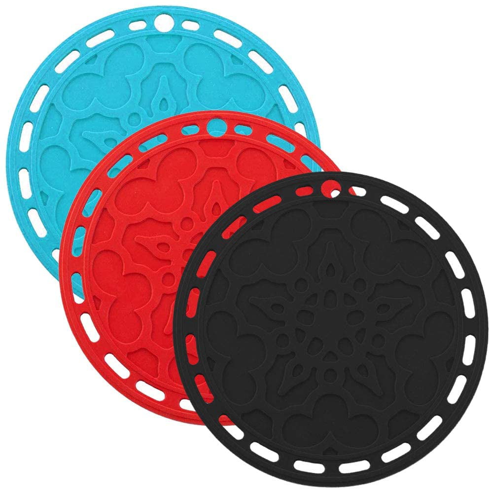 Silicone Trivet Mat 7.87 Multi-Use Hot Pads Round Pot Holders Heat Resistant Non Slip Flexible Durable Hot Pot for Dishes,Countertops,Tables,Set of 3 Red