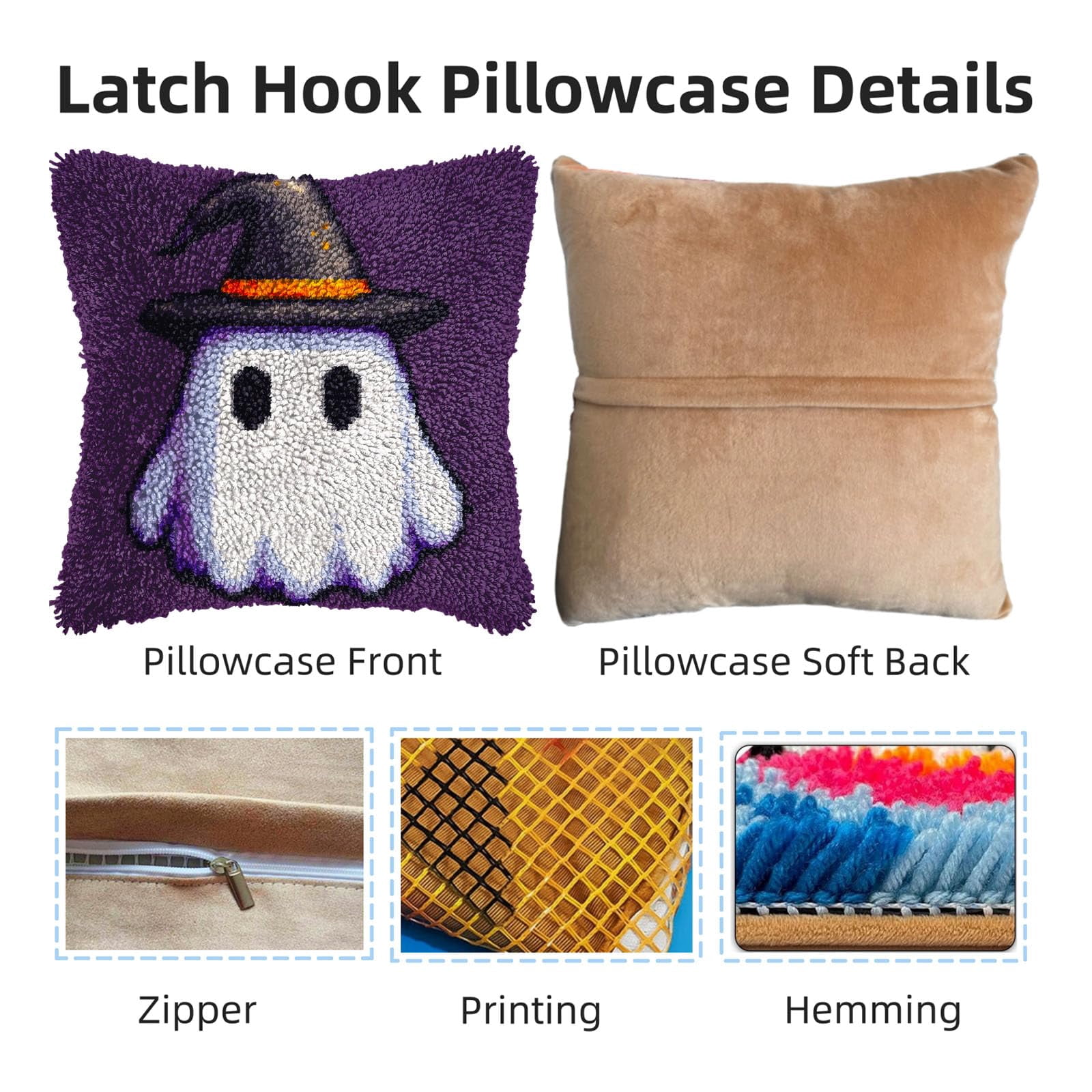 DIY Latch Hook Pillow Kits Halloween Ghost with Witch Hat Printed Pillowcase Crochet Yarns Hooking Handmade Pillow Cover Cushion for Home Sofa Decoration 17x17inch-1