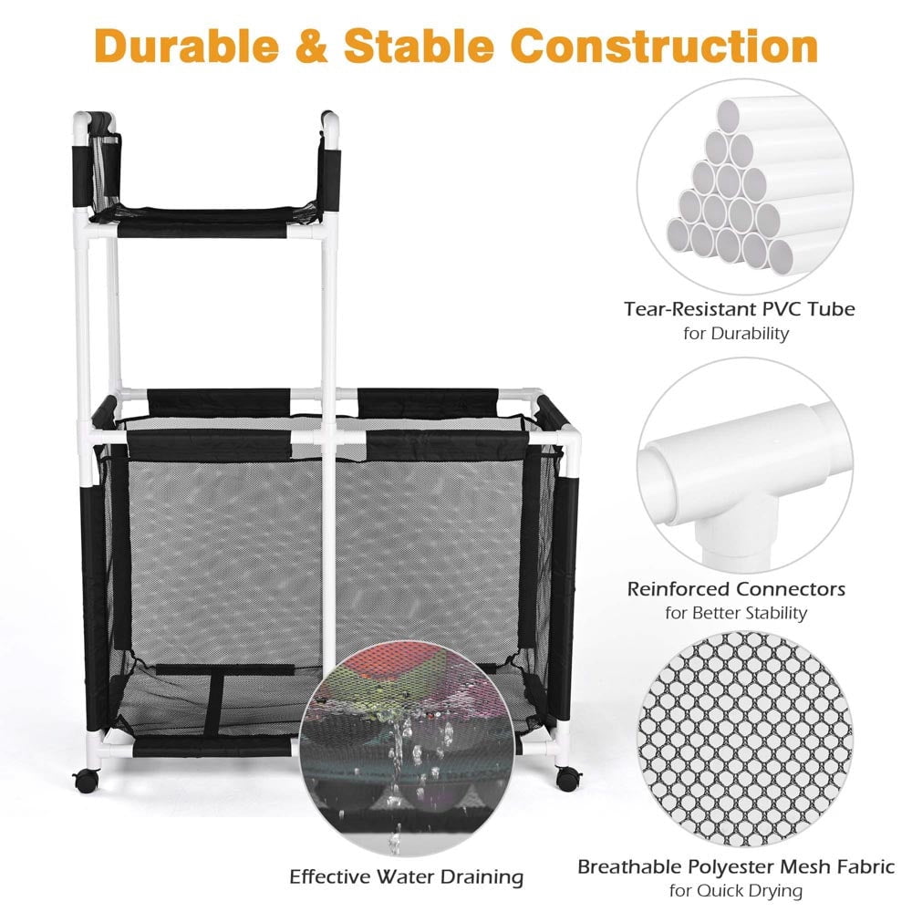 Yescom 47" Rolling Pool Toy Organizer – Extra-Large Mesh Storage Bin with Integrated Noodle Rack and Side Pockets for Floats, Balls, and Swim Accessories