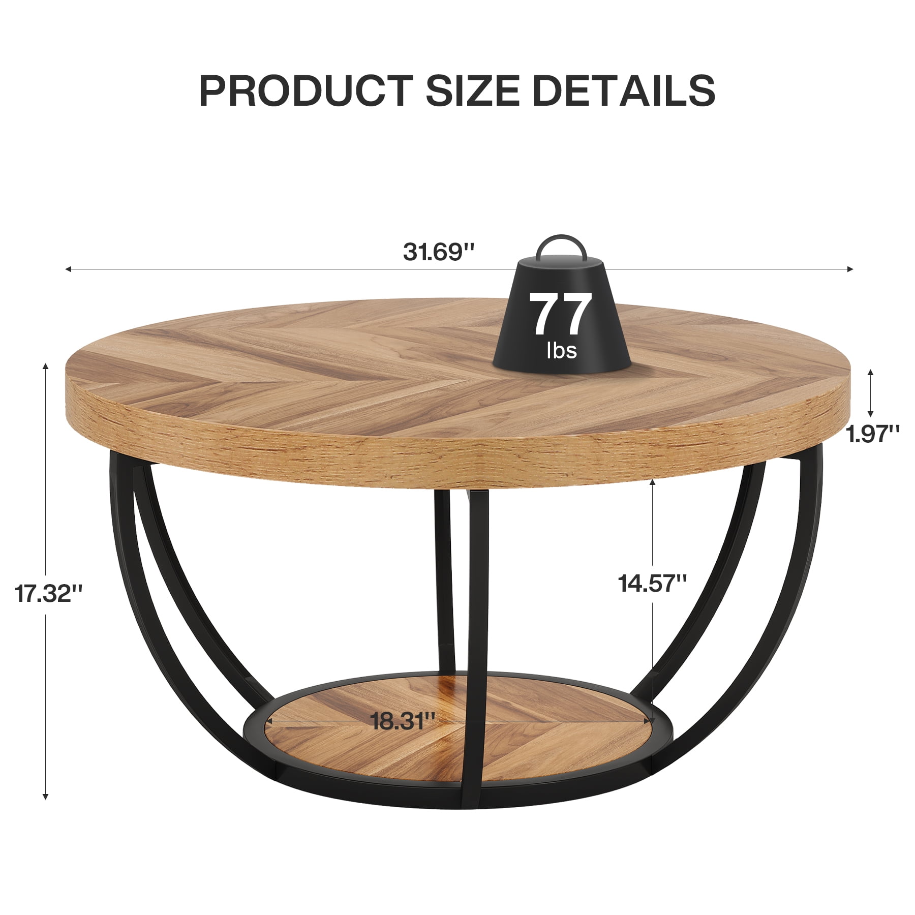 Fnova Coffee Table with 2 - Tier Storage, 32" Round Wood Coffee Table with Metal Legs, Modern Rustic Style Center Table for Living Room, Warm Brown and Black