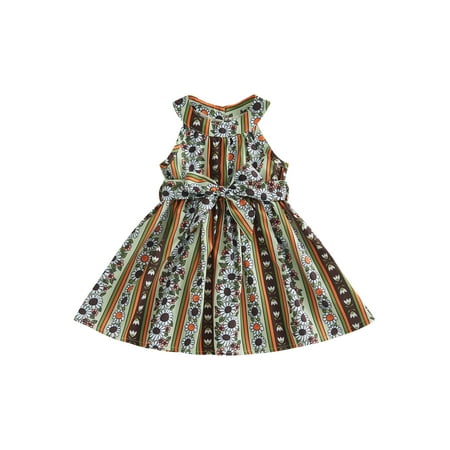 

GXFC Toddler Girls Summer Dress with Belt Ruffle Sleeveless Cute Bownet Round Neck Floral Print Dress for Daily Casual 2Pcs 12M-5T