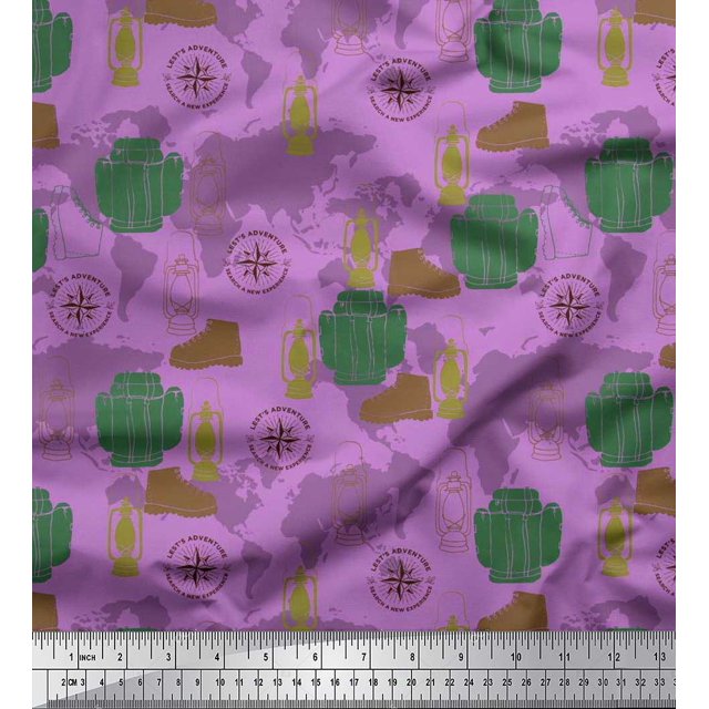 Soimoi Polyester Crepe Fabric Bag,Direction Compass & Shoes Travel Printed Fabric 1 Yard 42 Inch Wide