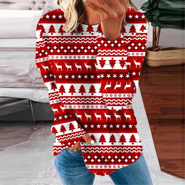 Chandail en Molleton de Noël pour Femmes 2023 Col Rond Mode Décontractée Manches Longues Imprimé de Noël Chandail en Molleton Blouse en Solde