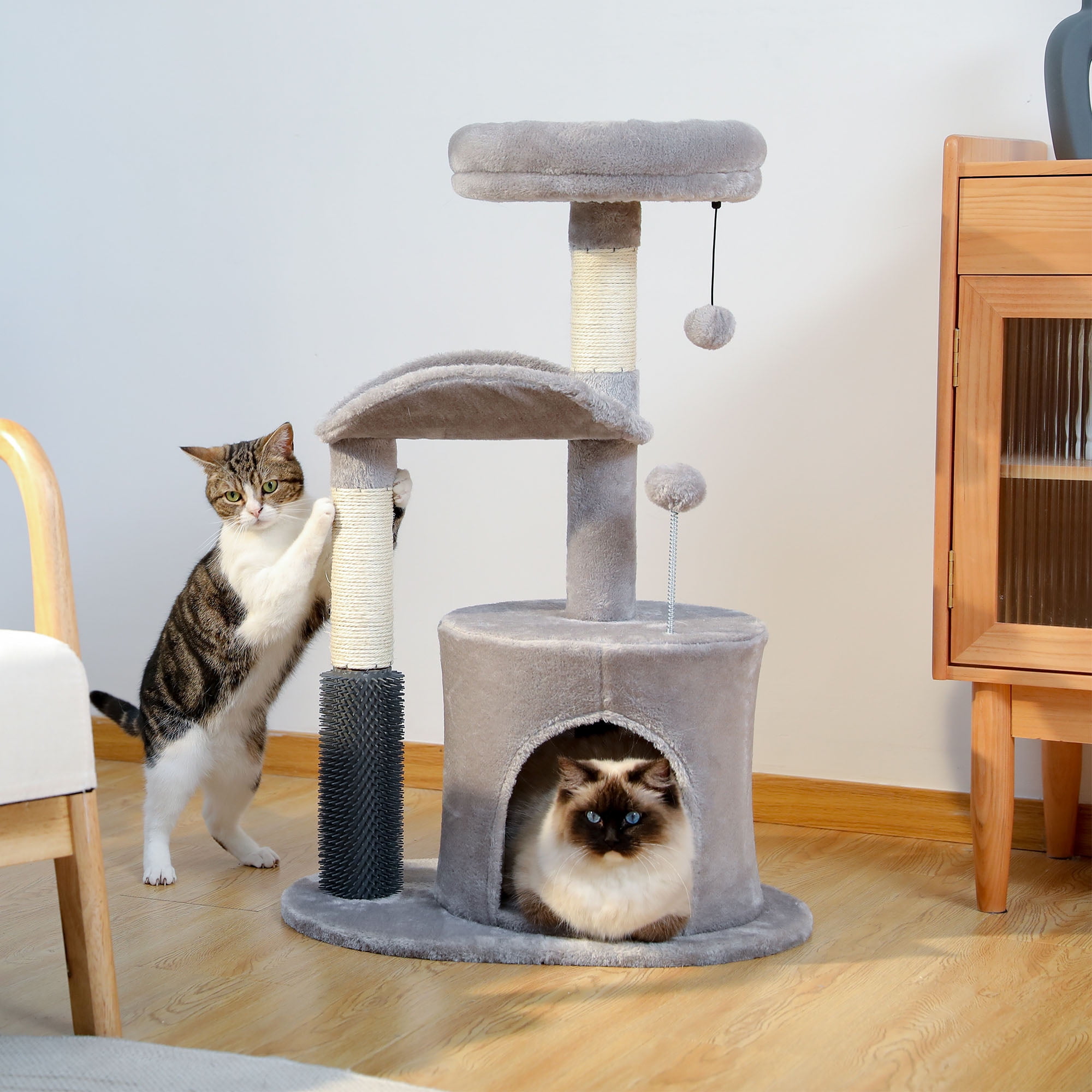Pefilos 32" Cat Tree Indoor with Self Groomer Brush, Sisal Scratching Post, Dangling Ball, Wood Cat Condo Tower for Small, Medium Cats, Gray Pefilos 32" Cat Tree Indoor with Self Groomer Brush, Sisal Scratching Post, Dangling Ball, Wood Cat Condo Tower for Small, Medium Cats, Gray