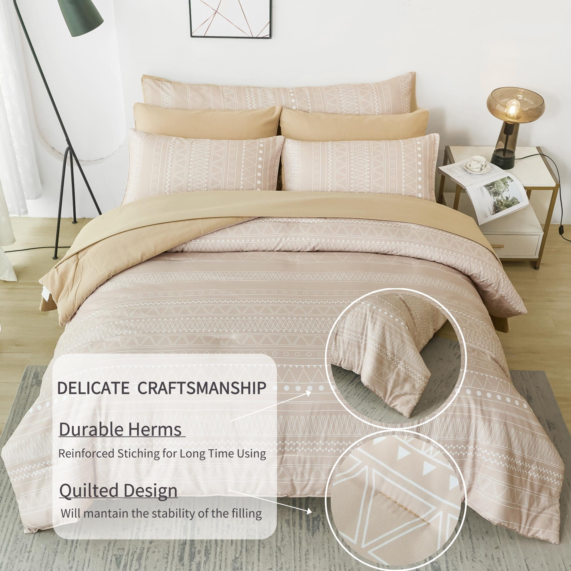 RYNGHIPY Full Stripe Bed in a Bag 8-Piece Bohemian Taupe Comforter Sets for Kids Fluffy Geometric Beige Bedding Sets for All Season, Full