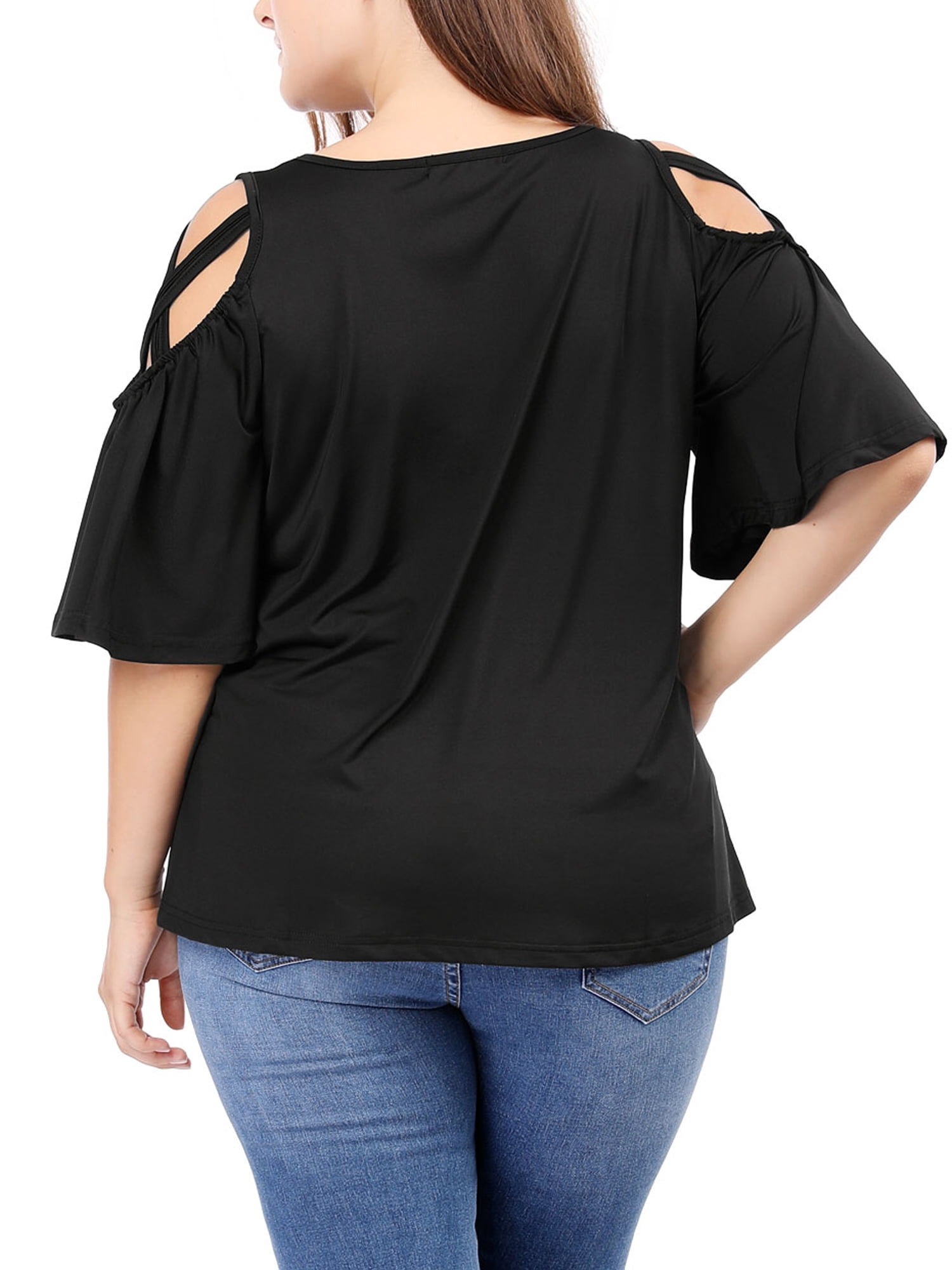 Unique Bargains Juniors' Plus Size Strappy Shoulder Trumpet Sleeves Top 3X Black