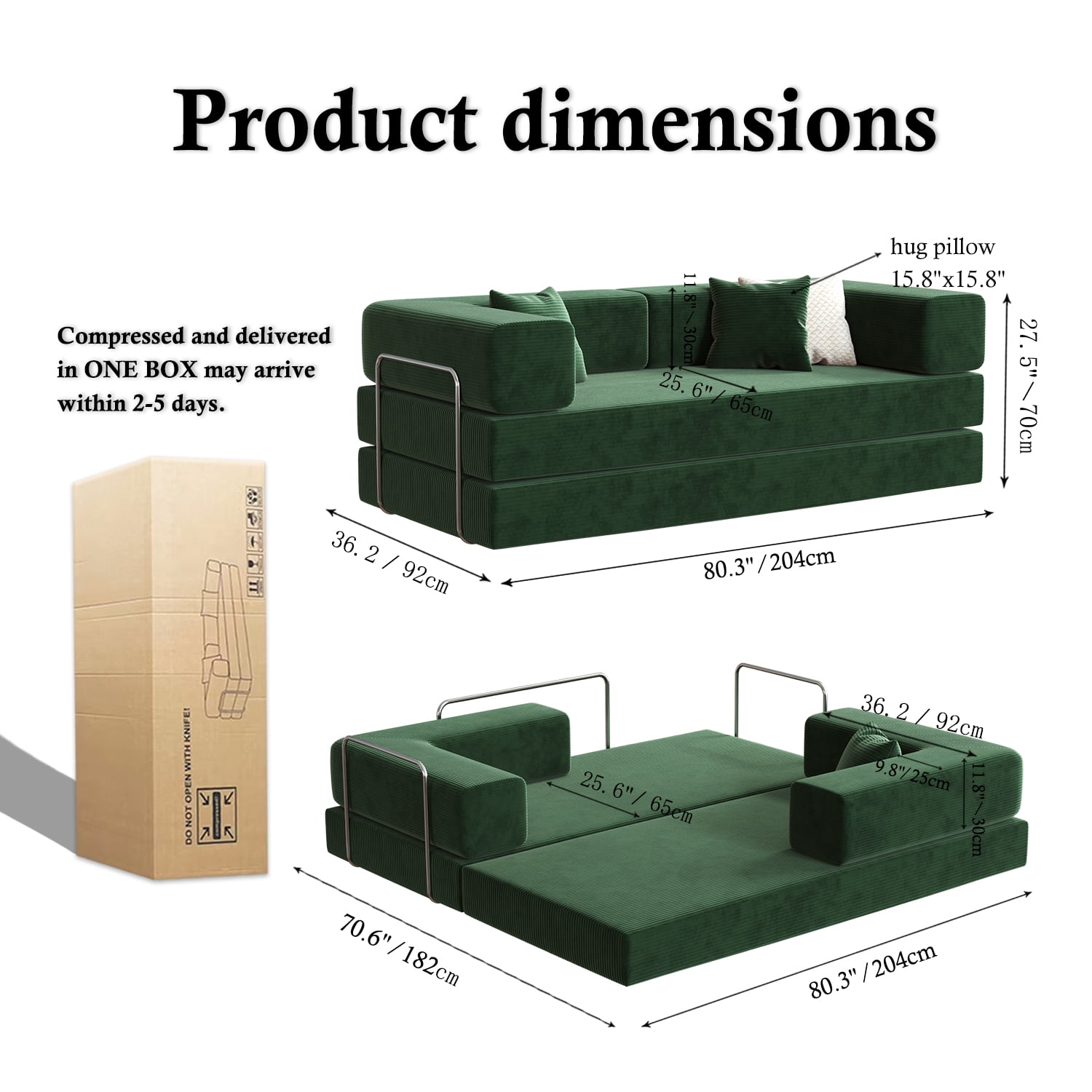 Lodeija 80.3" 5-in-1 Convertible Futon Sofa Bed, Green Corduroy Tatami Sleeper Couch for Small Spaces, 2 Pillows