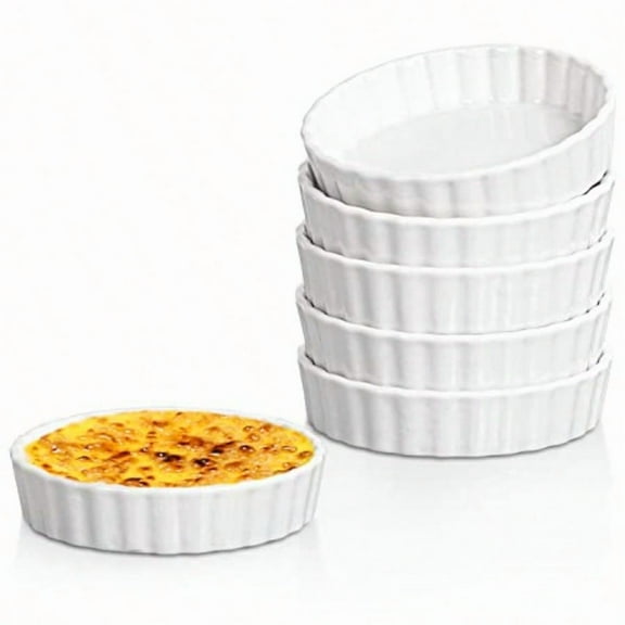 Creme Brulee Ramekins - 6 Piece Set 8 oz Round Fluted Quiche Dishes Oven Safe