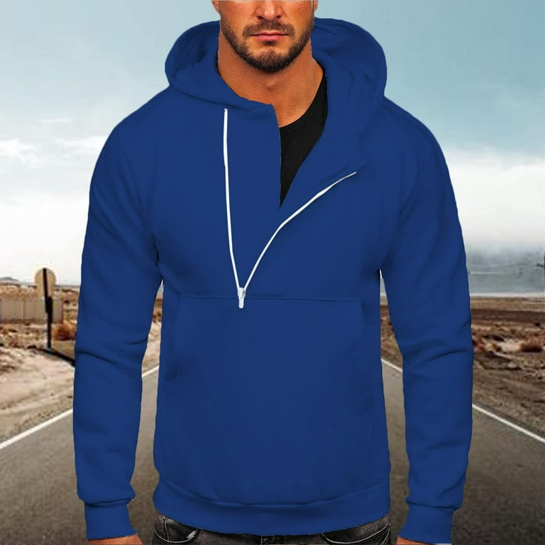 JSGEK Sales Fashion Hoodies for Men Casual Long Sleeve Solid Color Half-zip Oversized  Sweatshirt Loose Drawstring Pullover Top Blue L 
