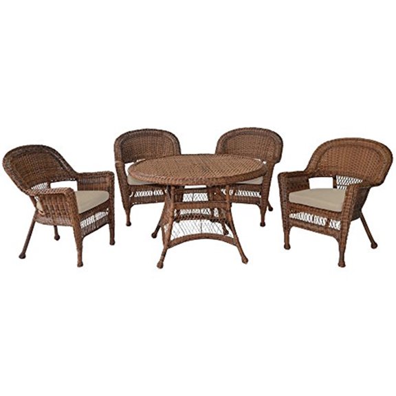 HomeStock 5 Piece Wicker Dining Set with Tan Cushions, Stylish Outdoor Comfort, 5 Piece Set Ideal for Deck or Patio Dining, Durable Resin Wicker