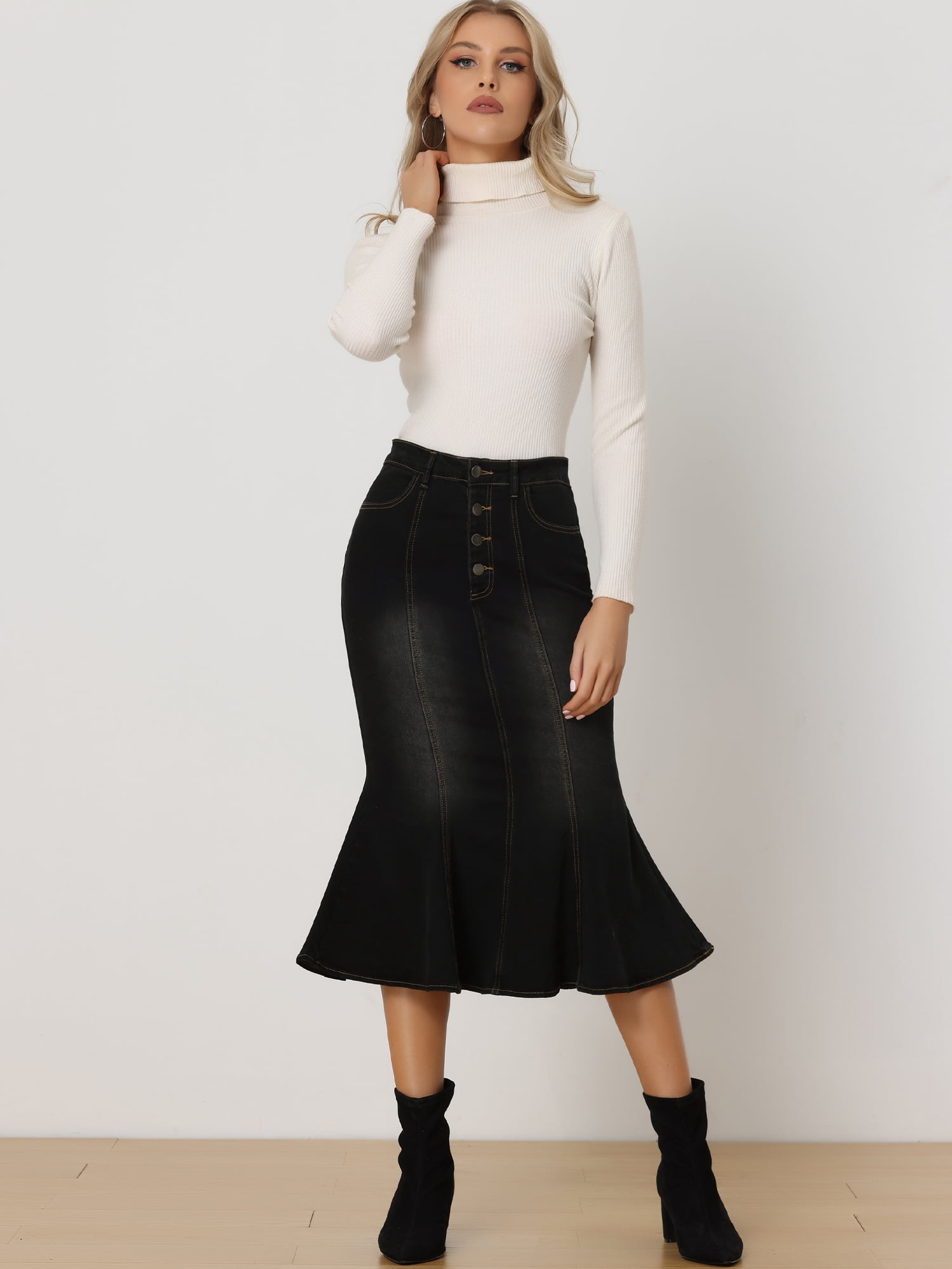 DARING DIVA Women's Soft Elegant Washed Fishtail Casual Midi Denim Skirt L Black