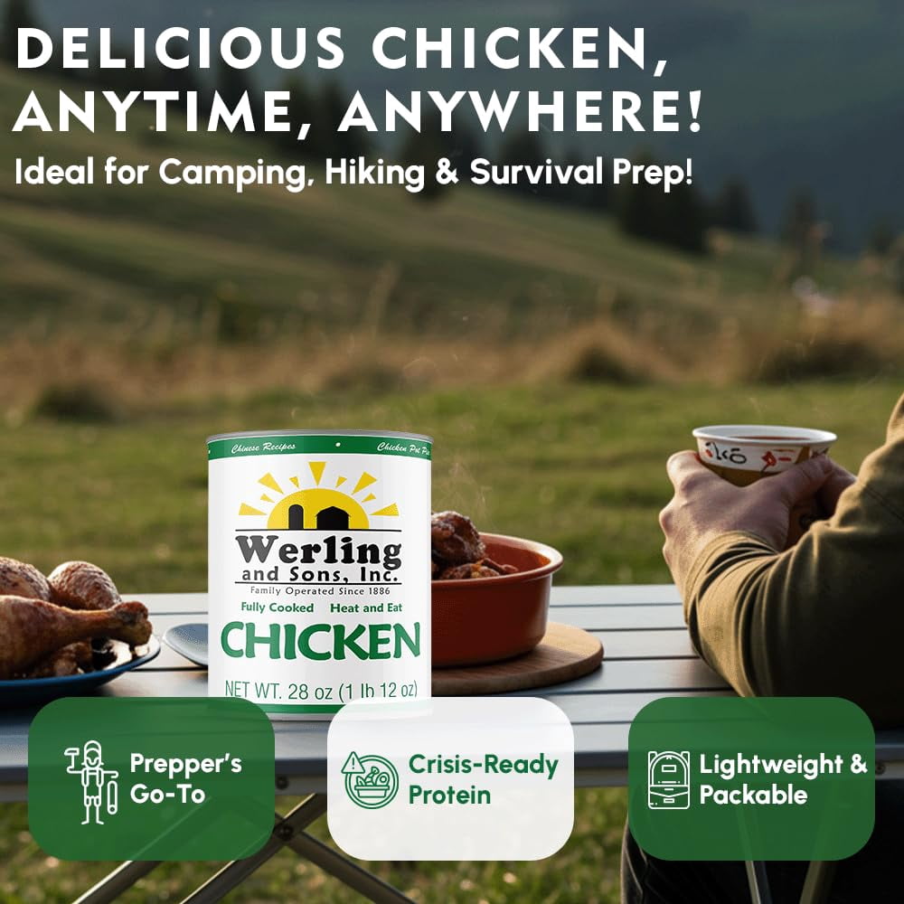 Werling & Sons Canned Chicken 28 Oz, Pack of 12 – Fully Cooked, Ready to Eat, High-Protein Canned Meat with 5-Year Shelf Life – Great for Recipes, Camping, Emergency & Survival – Made in USA