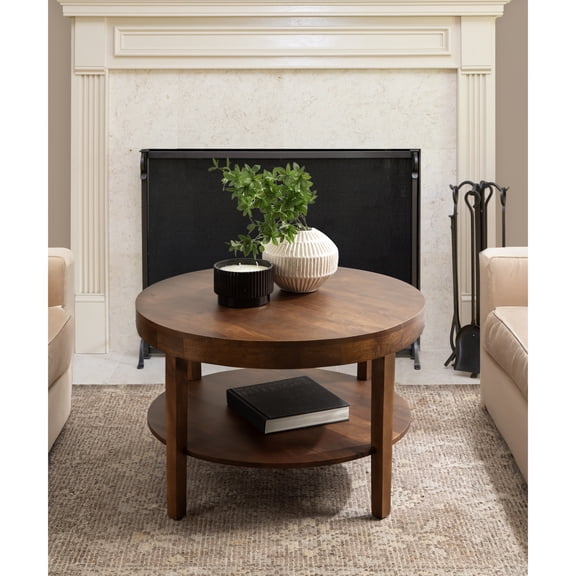 Kate and Laurel Talcott Modern Tiered Round Coffee Table, 28 x 28 x 18, Walnut Brown, Transitional Two-Tier Circle Living Room Table with Storage and Mango Wood Construction