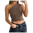 thumbnail image 3 of Women 2025 Summer Y2K Tops Sleeveless One Shoulder Slim Fit Shirts Ruched Knit Asymmetrical Top Blouse Brown XS, 3 of 10