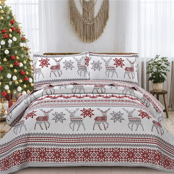 CHESITY King Christmas Bedding Christmas Deer Bedding Sets Reindeer Quilt Holiday Christmas Bedspread Blanket Coverlet Comforter Set for Winter Snowflakes Lantern Pattern (96"x108")