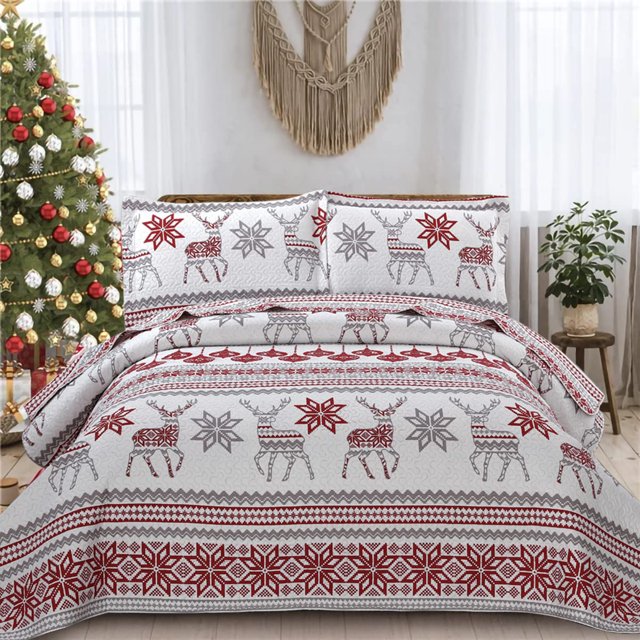 CHESITY King Christmas Bedding Christmas Deer Bedding Sets Reindeer Quilt Holiday Christmas Bedspread Blanket Coverlet Comforter Set for Winter Snowflakes Lantern Pattern (96"x108")
