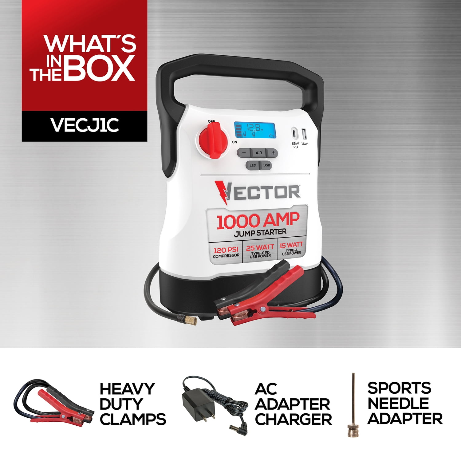 Vector VECJ1C 12V , 1000A Jump Starters with Compressor and USB Power Bank , White