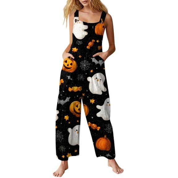 Women's Halloween Jumpsuits Sleeveless Loose Wide Leg with Side Pockets Scoop Neck Pull On and Allover Print Romper for Fall Daily and Party Coffee L