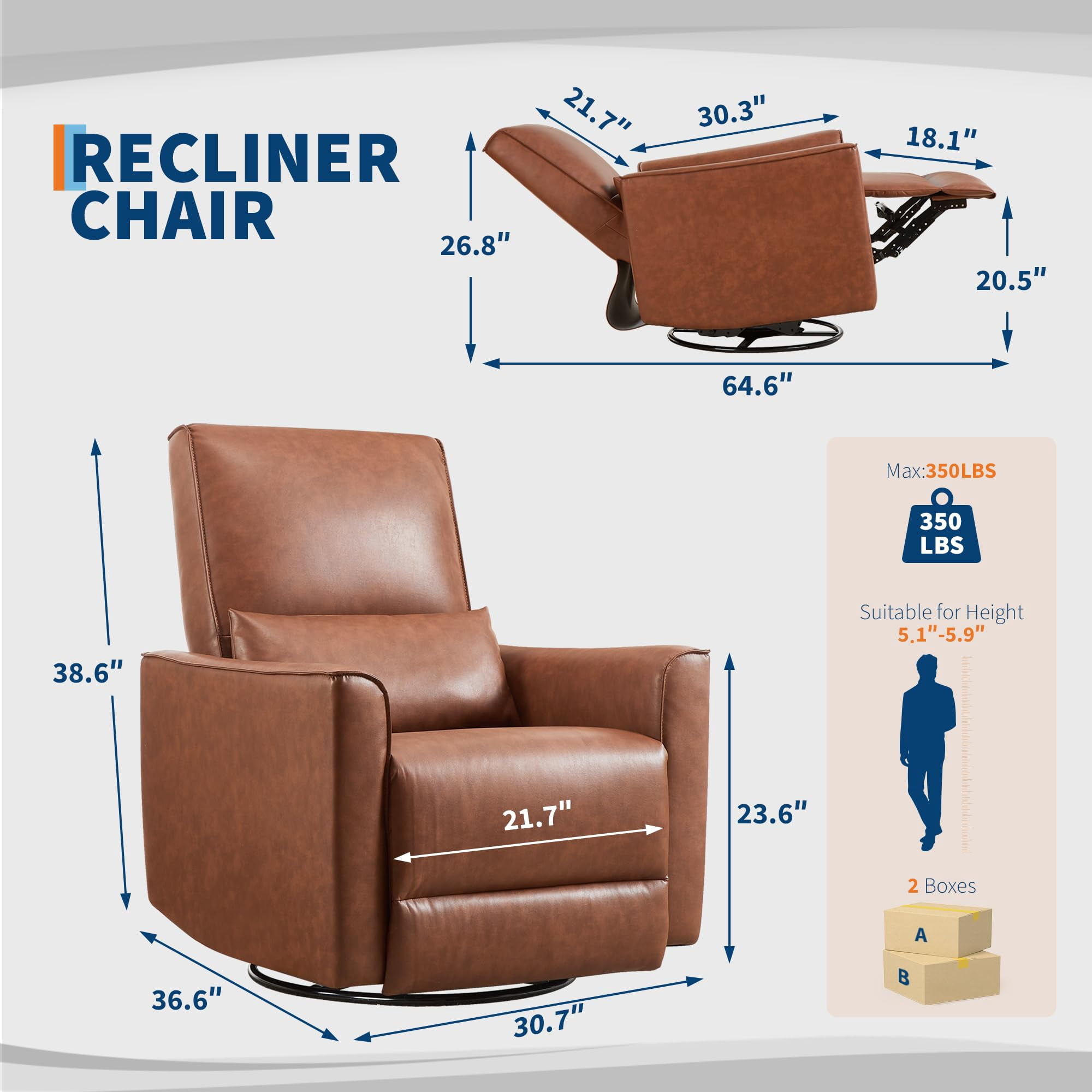 Swivel Rocking Recliner Chair, 360° Leather Recliner with Adjustable Backrest Rocker Recliner Glider Deep Seat PU Leather Sofa Chair with high Backrest for Living Room, Bedroom,Nursery