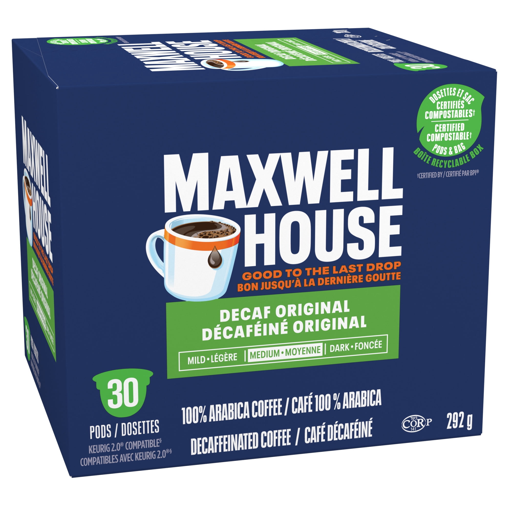 Maxwell House Decaffeinated Coffee Certified Compostable K-Cup® Coffee Pods, 30 Pods, Medium