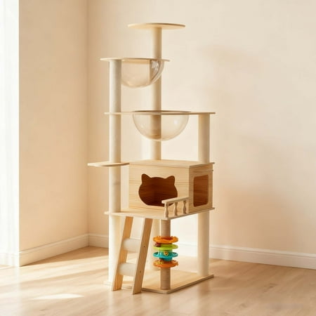 59 Wooden Cat Tree - Modern Premium with Aesthetic Design Sisal Scratching Posts Acrylic Hammock & Elevated Perch for Large & Small Indoor Cats