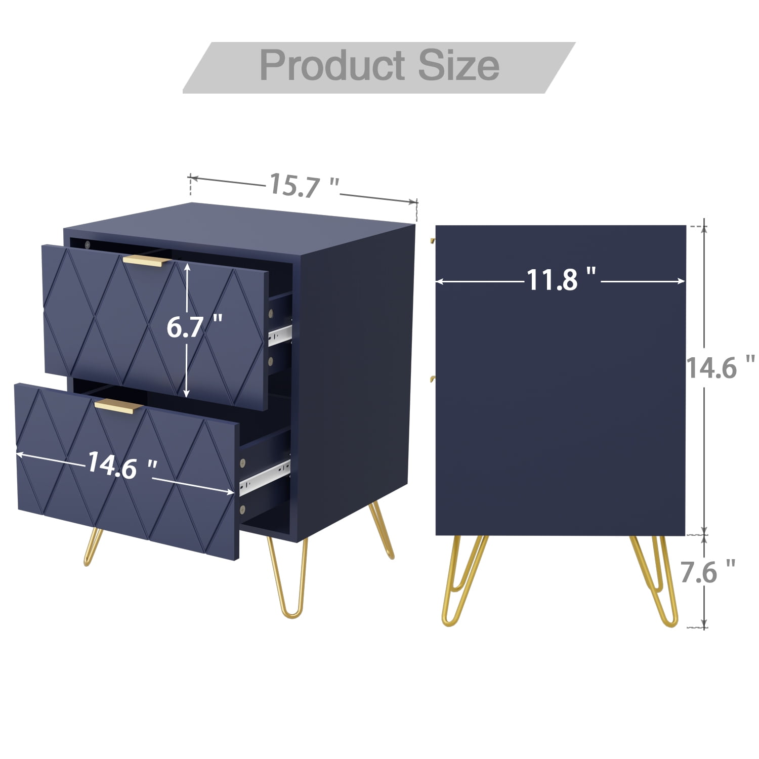 Eclife Set of 2 Nightstands Gold Handles Legs End Table for Bedroom Home Adult Kids, Navy Blue