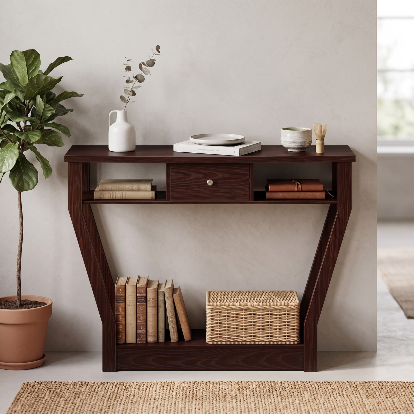 Furnibear Modern Console Accent Table with Storage Drawer and Open Shelf for the Living Room Entryway and Hallway, Brown