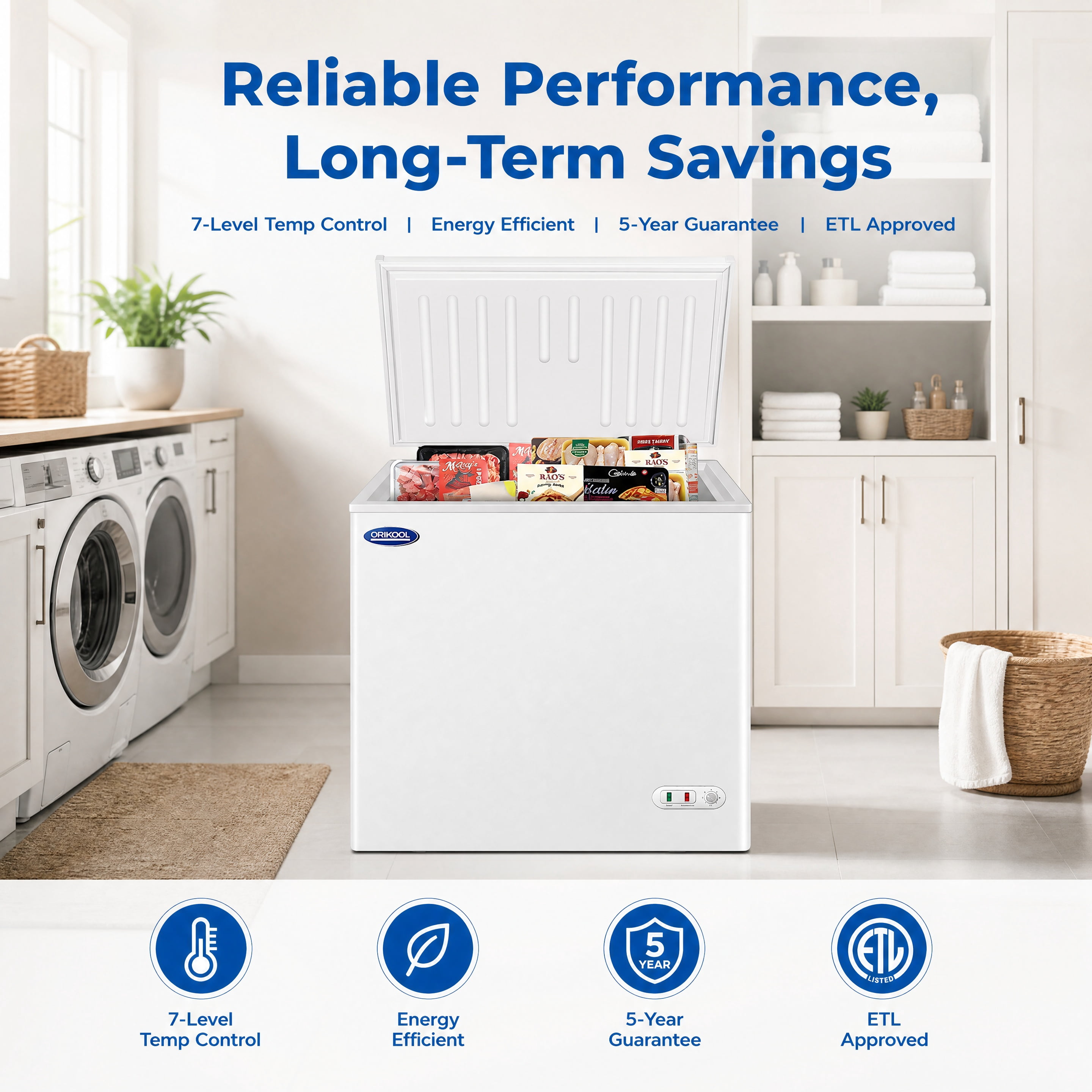 5.0 Cu.Ft Solid Top Chest Freezer 30.35"x22.05"x33.46", Lockable Stay‑Open Lid Manual Defrost Deep Freezer with Mobility Wheels, R290 Energy‑Efficient Freezer for Home