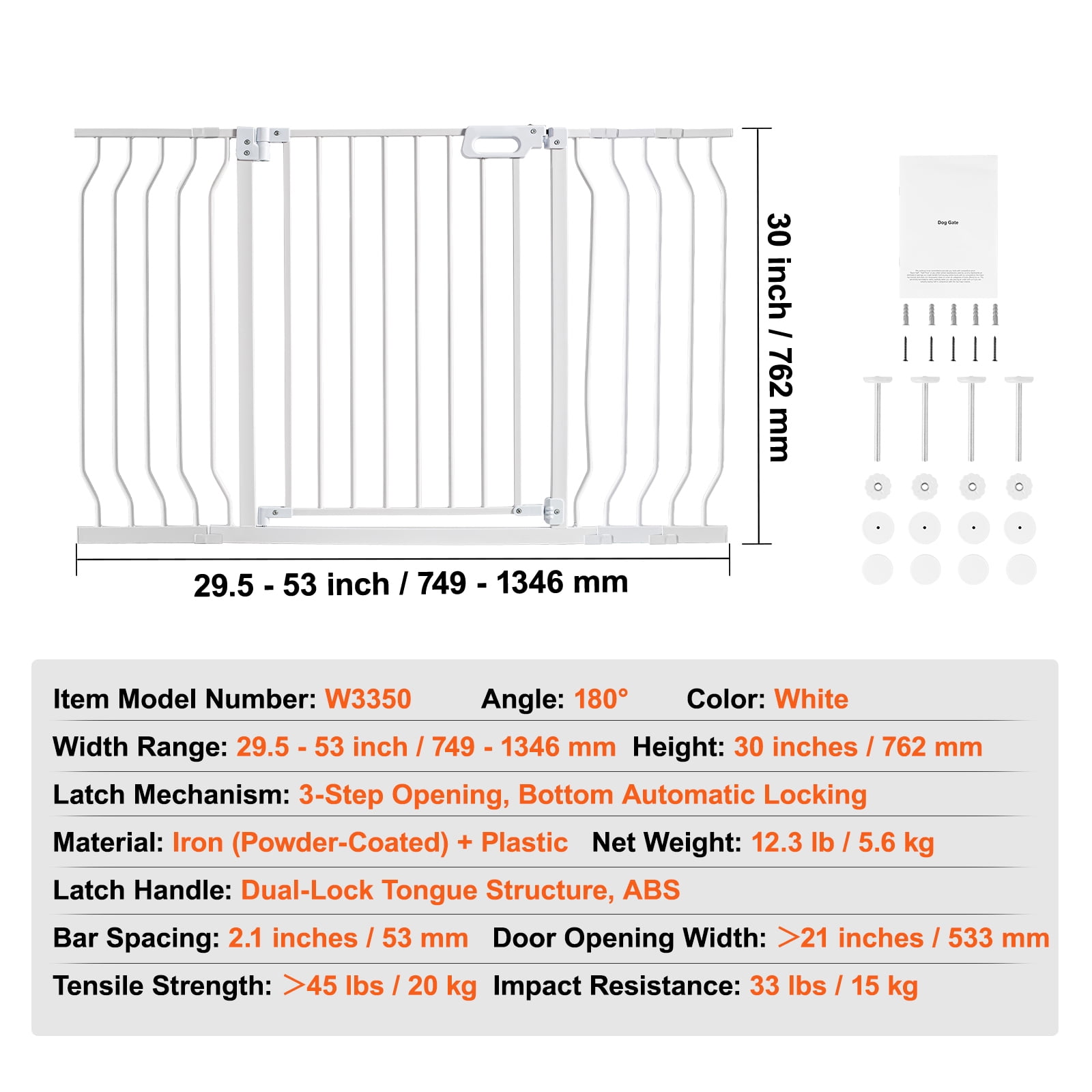 BENTISM 30" Extra Tall Baby Gate for Stairs Doorways, Fits Openings 29.5" to 53" Wide, Auto Close Extra Wide Dog Gate for House, Pressure Mounted Easy Walk Through Pet Gate with Door, White