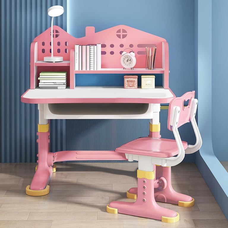 YNCE Kids Desk and Chair Set, Multi-Activity Toddler Table and Chair Set with Bookshelf,Height Adjustable Chair Desk for Kids, Storage Rack for Toddler Ages 3-12